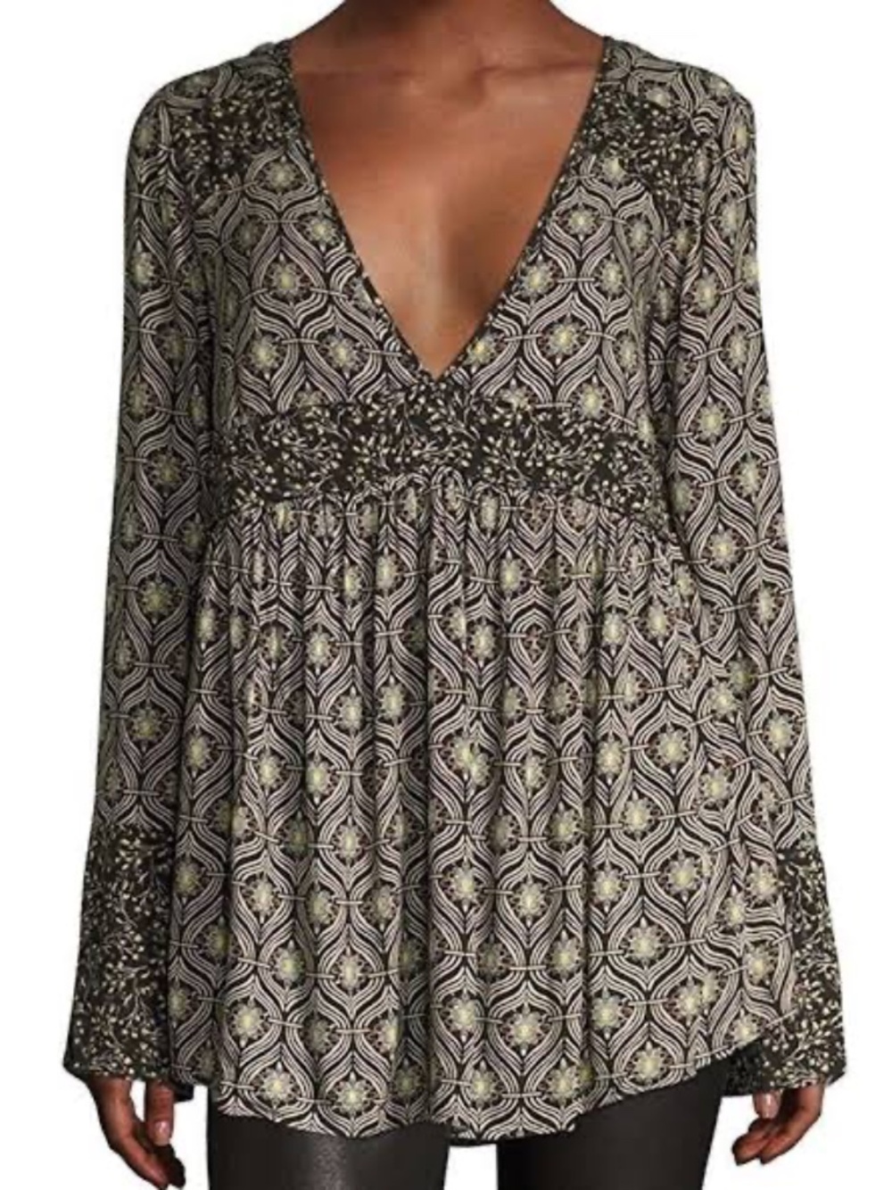 Free People Boho Printed Empire Waist Long Sleeve Blouse Top Size S